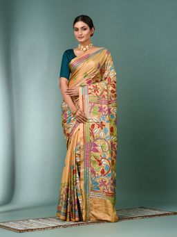 CHARUKRITI - Beige Kantha Stitch Silk Saree with Unstitched Blouse