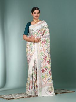 CHARUKRITI - White Kantha Stitch Silk Saree with Unstitched Blouse