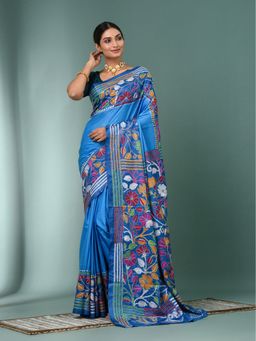 CHARUKRITI - Sky Blue Kantha Stitch Silk Saree with Unstitched Blouse