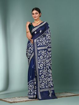CHARUKRITI - Navy Blue Kantha Stitch Silk Saree with Unstitched Blouse