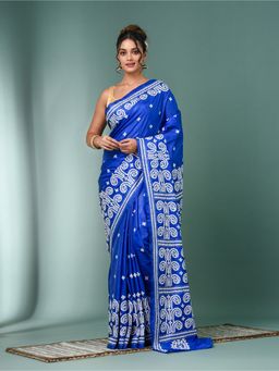 CHARUKRITI - Blue Gujrati Work Kantha Stitch Silk Saree with Unstitched Blouse