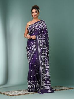 CHARUKRITI - Purple Gujrati Work Kantha Stitch Silk Saree with Unstitched Blouse
