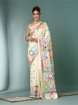 CHARUKRITI - Off White Gujrati Work Kantha Stitch Tussar Silk Saree with Unstitched Blouse