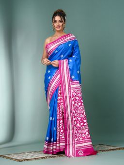 CHARUKRITI - Sky Blue Kantha Stitch Bangalore Silk Saree with Unstitched Blouse