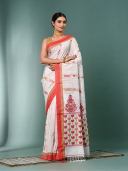 CHARUKRITI - White Geometric Pattern Cotton Saree with Unstitched Blouse