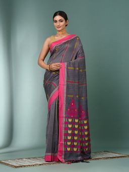 CHARUKRITI - Grey Geometric Pattern Cotton Saree with Unstitched Blouse