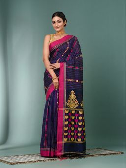 CHARUKRITI - Blue Geometric Pattern Cotton Saree with Unstitched Blouse