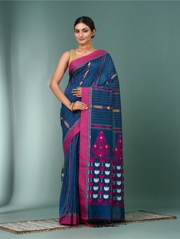 CHARUKRITI - Sapphire Blue Geometric Pattern Cotton Saree with Unstitched Blouse
