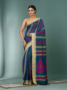 CHARUKRITI - Sapphire Blue Geometric Pattern Cotton Saree with Unstitched Blouse