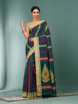 CHARUKRITI - Green Geometric Pattern Cotton Saree with Unstitched Blouse