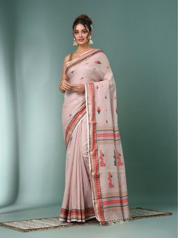 CHARUKRITI - Ecru Floral Motifs Tussar Silk Soft Handloom Saree with Unstitched Blouse