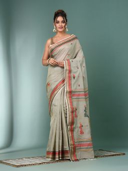 CHARUKRITI - Ecru Floral Motifs Tussar Silk Soft Handloom Saree with Unstitched Blouse