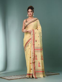 CHARUKRITI - Beige Floral Motifs Tussar Silk Soft Handloom Saree with Unstitched Blouse