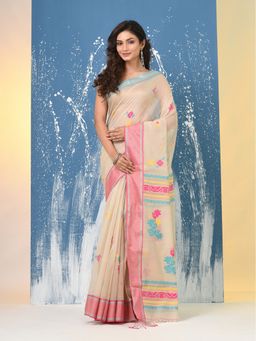 CHARUKRITI - Beige Floral Motifs Resham Silk Saree with Unstitched Blouse