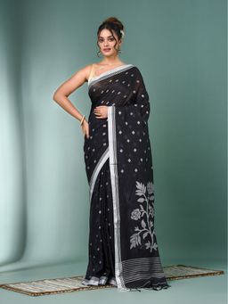 CHARUKRITI - Black Geometric Motifs Cotton Saree with Unstitched Blouse