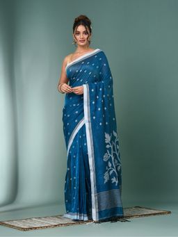 CHARUKRITI - Sapphire Blue Geometric Motifs Cotton Saree with Unstitched Blouse