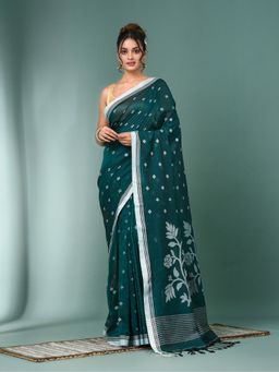 CHARUKRITI - Teal Geometric Motifs Cotton Saree with Unstitched Blouse