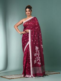 CHARUKRITI - Fuchsia Geometric Motifs Cotton Saree with Unstitched Blouse