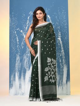 CHARUKRITI - Green Geometric Motifs Cotton Saree with Unstitched Blouse