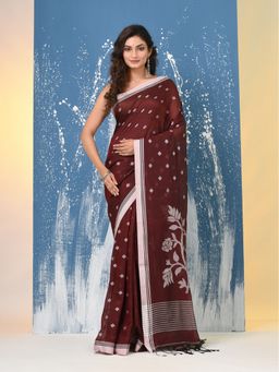 CHARUKRITI - Maroon Geometric Motifs Cotton Saree with Unstitched Blouse