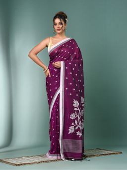 CHARUKRITI - Purple Geometric Motifs Cotton Saree with Unstitched Blouse