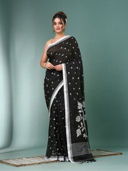 CHARUKRITI - Black Geometric Motifs Cotton Saree with Unstitched Blouse