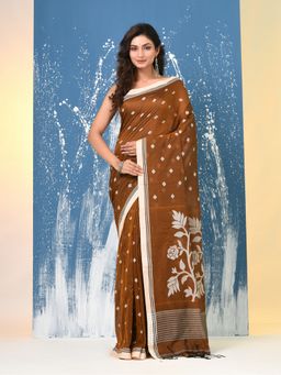 CHARUKRITI - Brown Geometric Motifs Cotton Saree with Unstitched Blouse