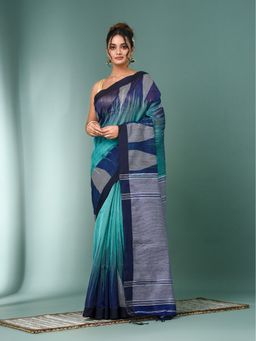 CHARUKRITI - Sea Green Woven Cotton Handspan Saree with Unstitched Blouse