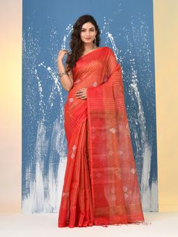 CHARUKRITI - Red Stripes Tissue Saree with Unstitched Blouse