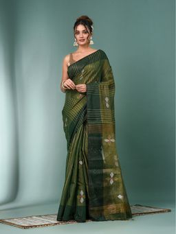 CHARUKRITI - Green Stripes Tissue Saree with Unstitched Blouse