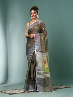 CHARUKRITI - Grey Texture Design Tissue Saree with Unstitched Blouse