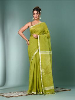 CHARUKRITI - Lime Green Sequin Work Resham Silk Saree with Unstitched Blouse