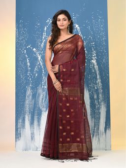 CHARUKRITI - Maroon Solid Resham Silk Saree with Unstitched Blouse