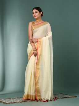 CHARUKRITI - Off White Woven Mulmul Saree Without Blouse
