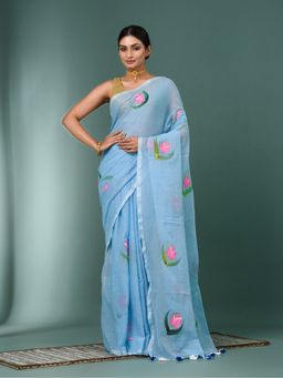 CHARUKRITI - Sky Blue Printed Mulmul Saree Without Blouse