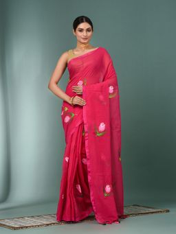 CHARUKRITI - Pink Printed Mulmul Saree Without Blouse