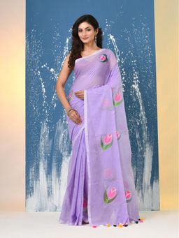 CHARUKRITI - Lavender Printed Mulmul Saree Without Blouse