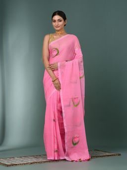 CHARUKRITI - Pink Printed Mulmul Saree Without Blouse