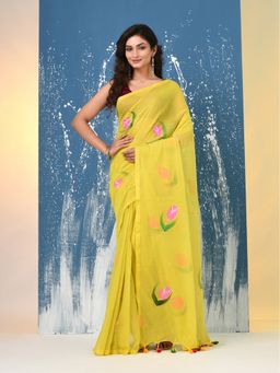 CHARUKRITI - Lemon Yellow Printed Mulmul Saree Without Blouse