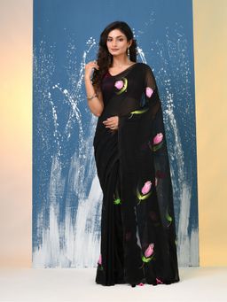 CHARUKRITI - Black Printed Mulmul Saree Without Blouse
