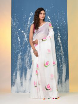 CHARUKRITI - White Printed Mulmul Saree Without Blouse