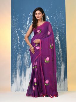 CHARUKRITI - Purple Printed Mulmul Saree Without Blouse