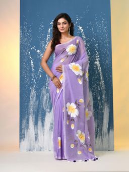 CHARUKRITI - Lavender Printed Mulmul Saree Without Blouse