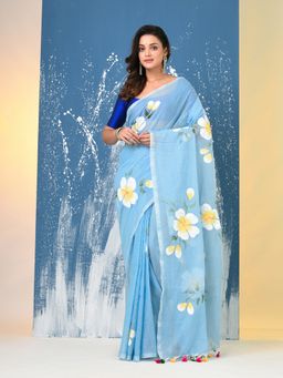 CHARUKRITI - Sky Blue Printed Mulmul Saree Without Blouse
