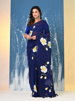 CHARUKRITI - Blue Printed Mulmul Saree Without Blouse