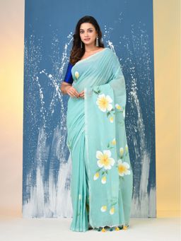 CHARUKRITI - Sea Green Printed Mulmul Saree Without Blouse