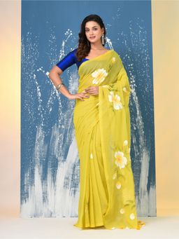 CHARUKRITI - Lime Green Printed Mulmul Saree Without Blouse