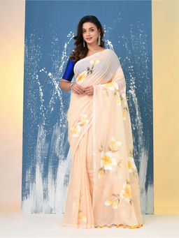 CHARUKRITI - Beige Printed Mulmul Saree Without Blouse