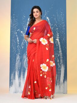 CHARUKRITI - Red Printed Mulmul Saree Without Blouse