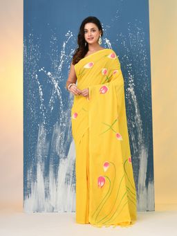 CHARUKRITI - Yellow Printed Cotton Saree with Unstitched Blouse
